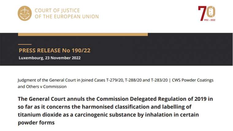 Titanium dioxide: the General Court invalidates the classification as carcinogenic by inhalation